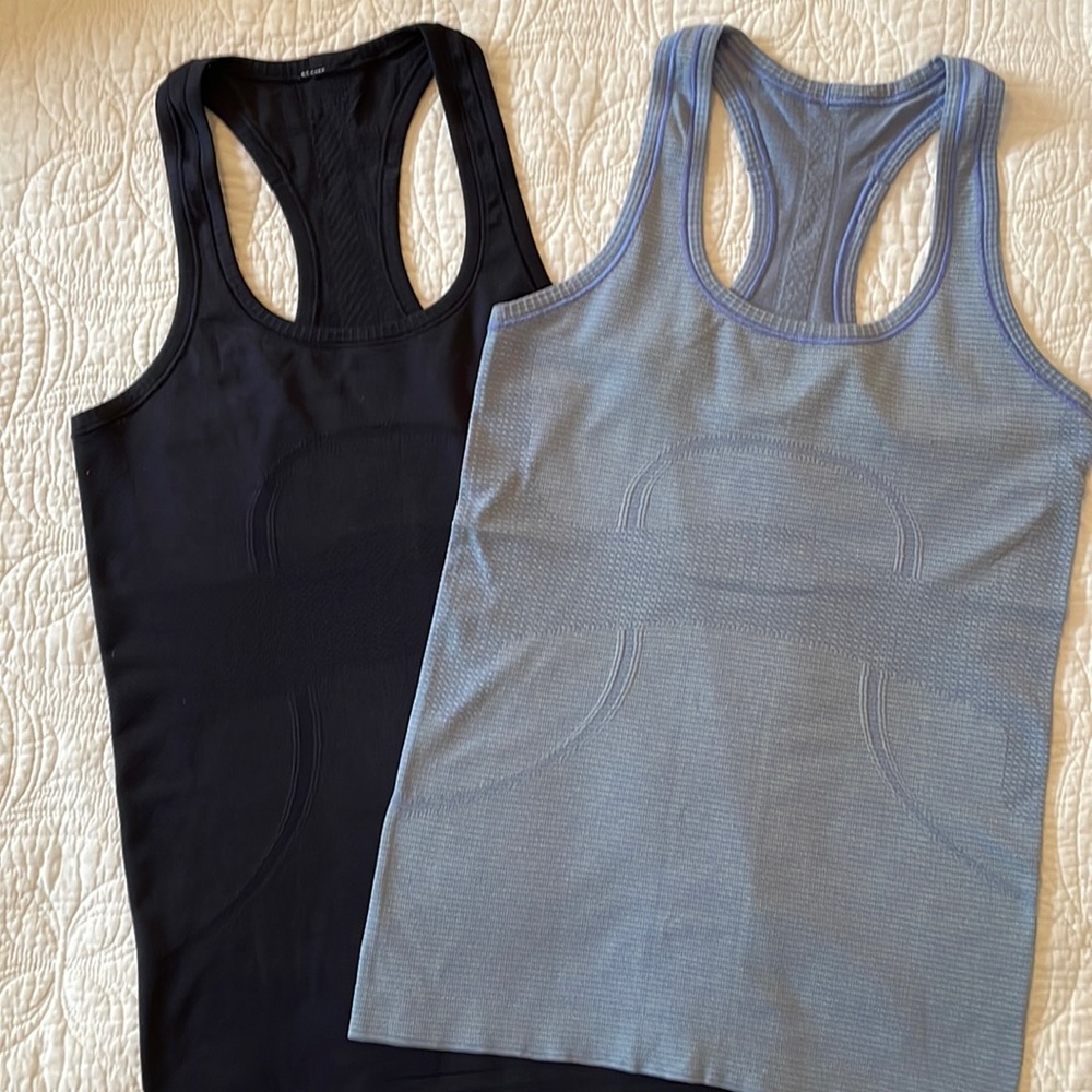 2 Lululemon sport tanks, blue and black size 4